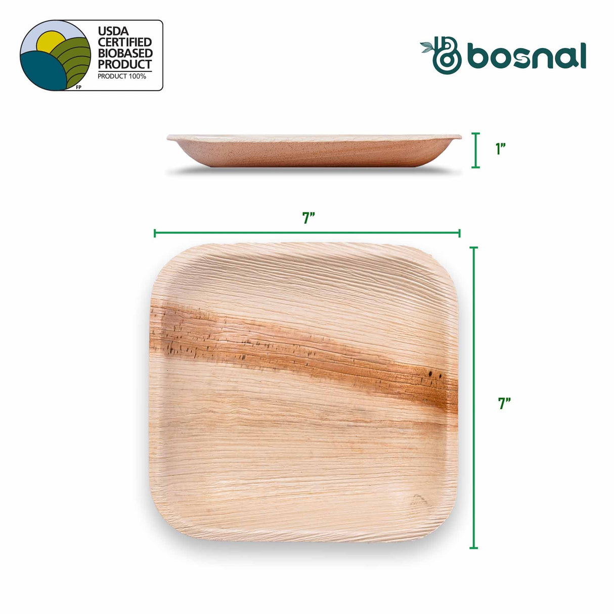 Bosnal - Palm Leaf Biodegradable Plates; 7 inch, Square