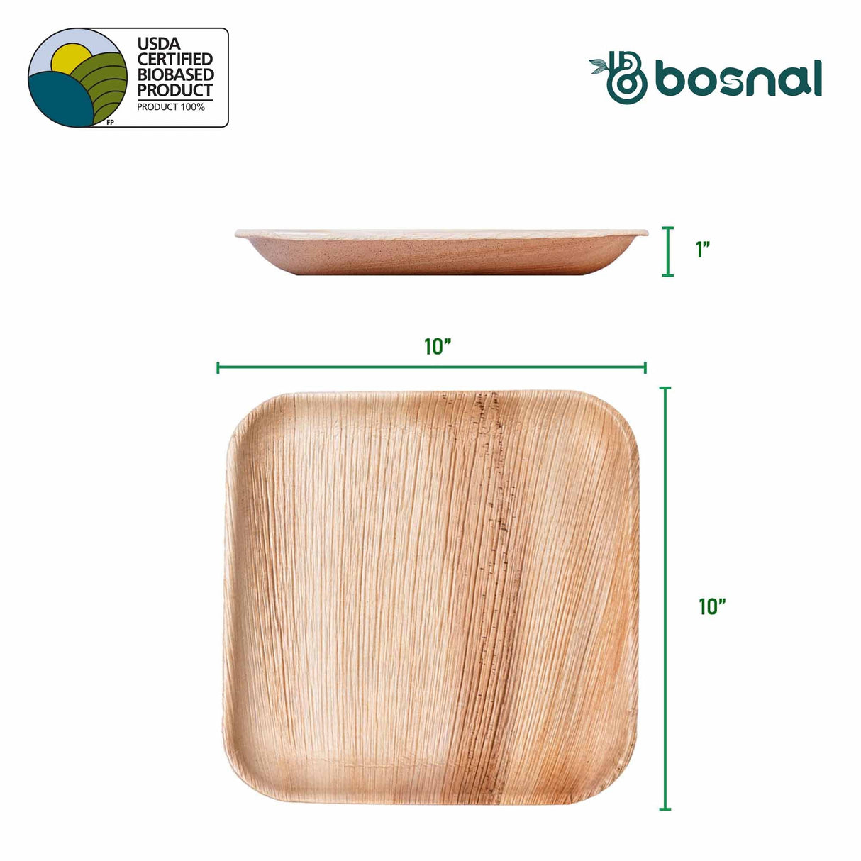 Bosnal - Palm Leaf Biodegradable Plates, 10 inch, Square