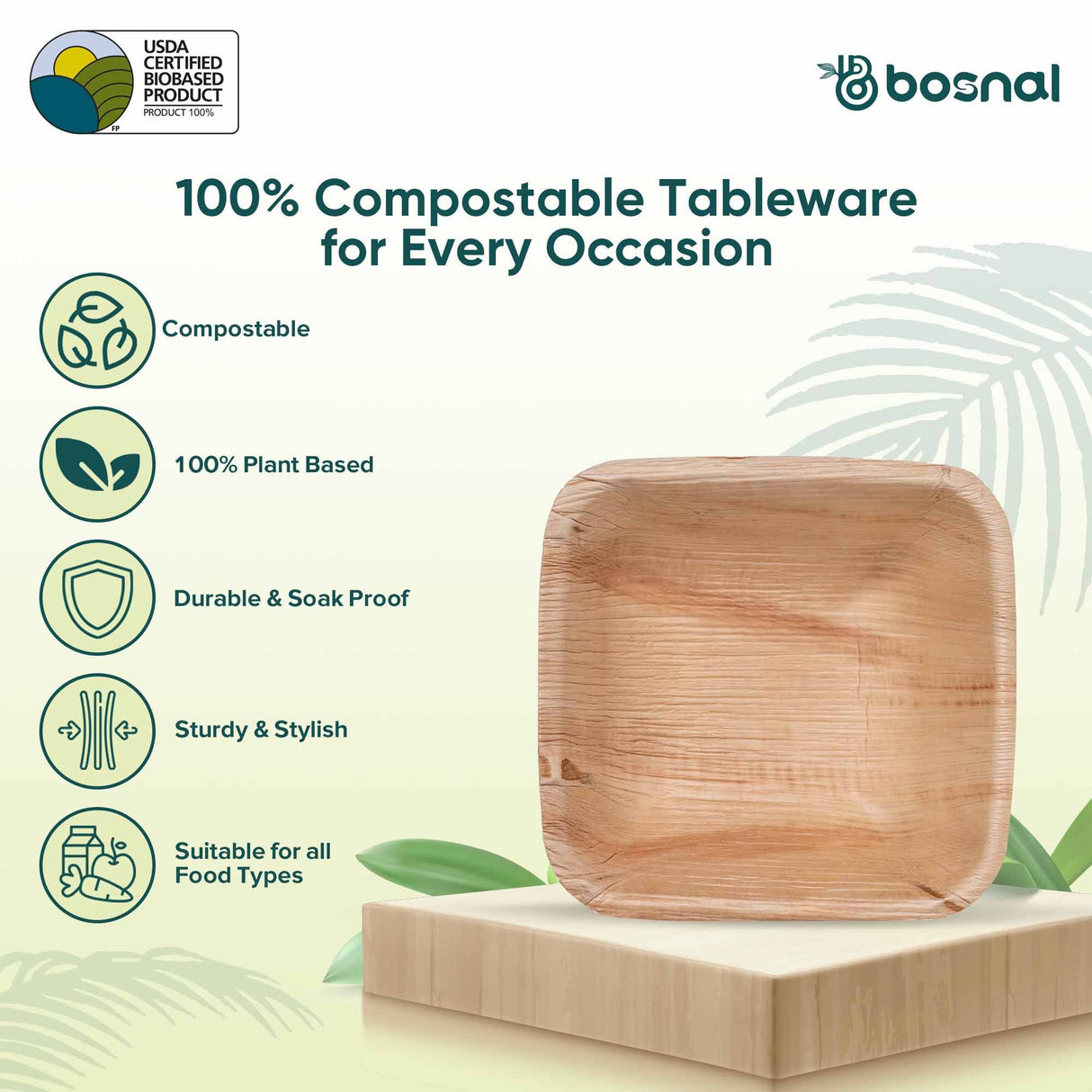 Bosnal - Palm Leaf Biodegradable Bowls, 5 inch, Square