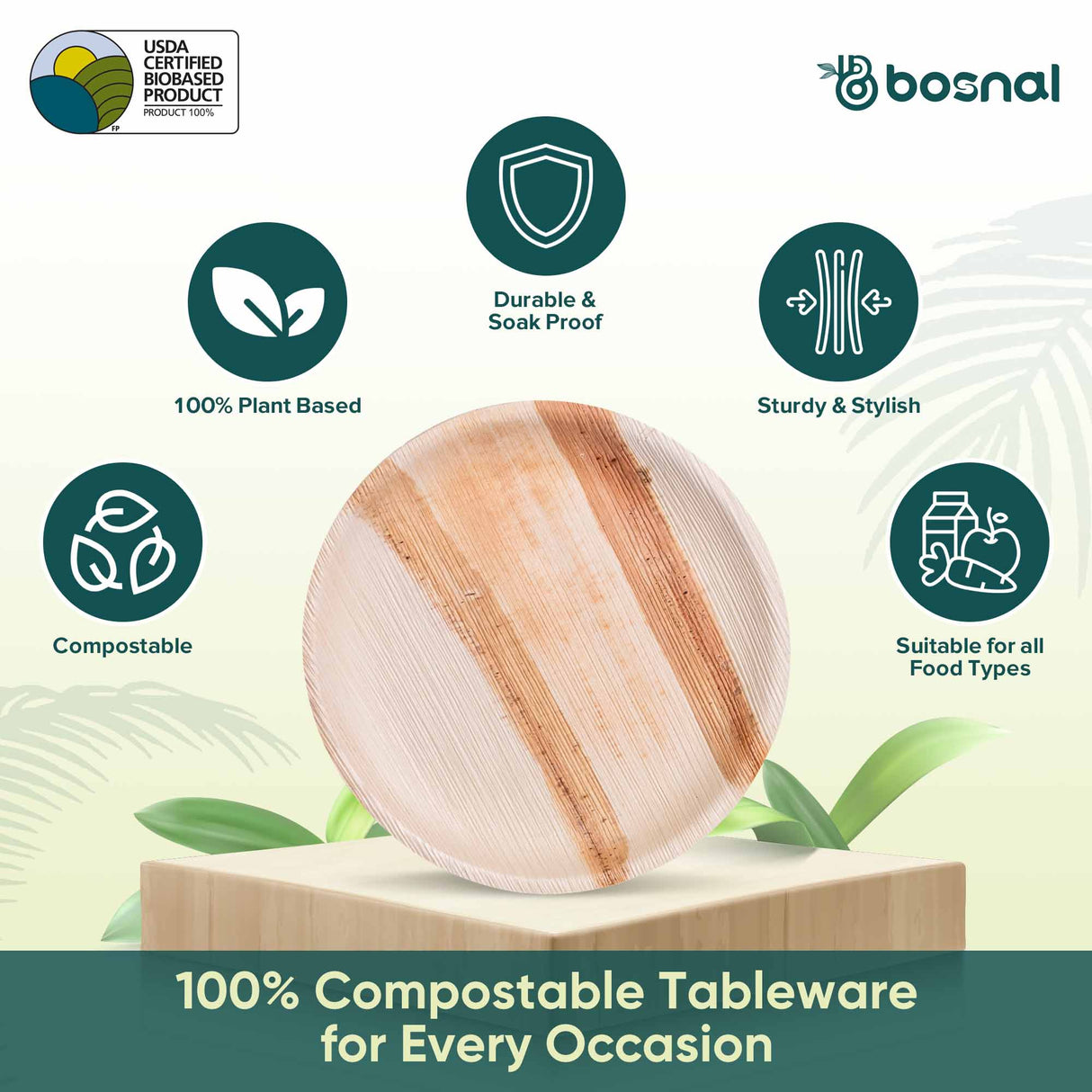 Bosnal - Palm Leaf Biodegradable Plates, 9 inch, Round