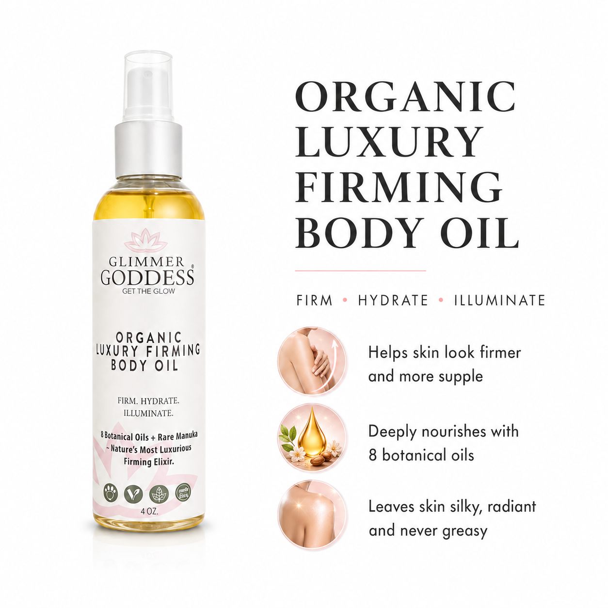 Organic Luxury Firming Body Oil – Hydrating Glow with Evening Primrose and Rosehip Oil 4 oz.