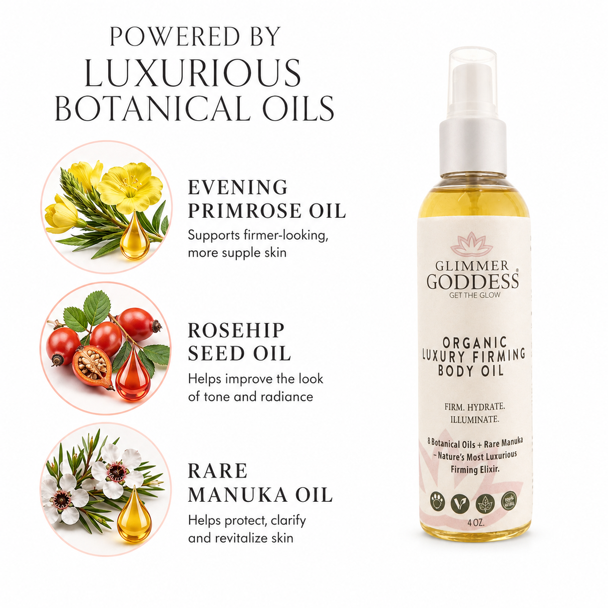 Organic Luxury Firming Body Oil – Hydrating Glow with Evening Primrose and Rosehip Oil 4 oz.
