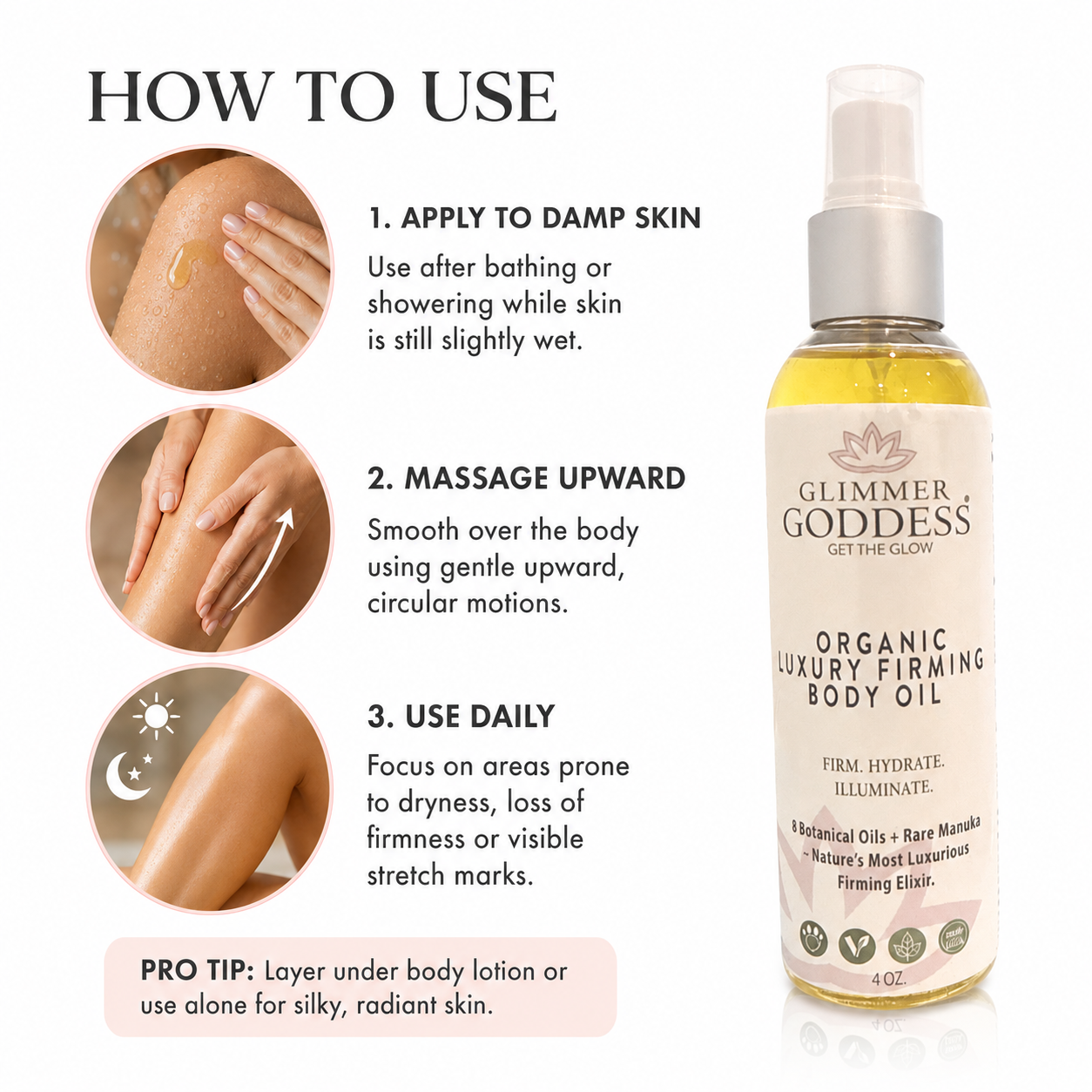 Organic Luxury Firming Body Oil – Hydrating Glow with Evening Primrose and Rosehip Oil 4 oz.