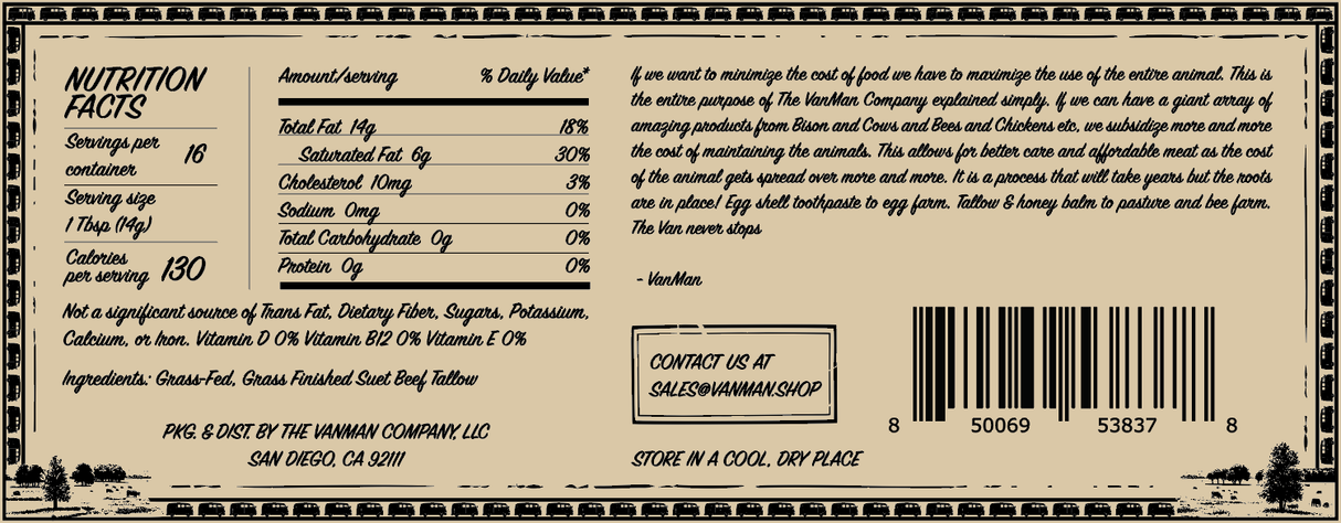 *New* VanMan's Cooking Tallow - 9 oz