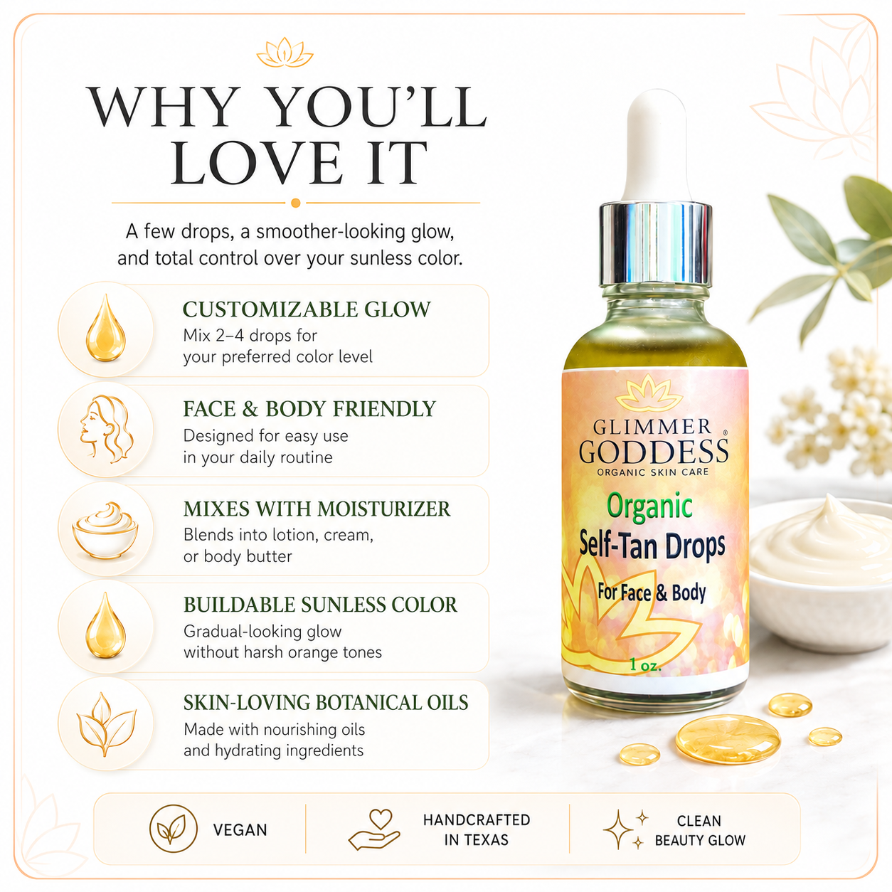 Organic Self Tan Drops for Face & Body 1 oz.