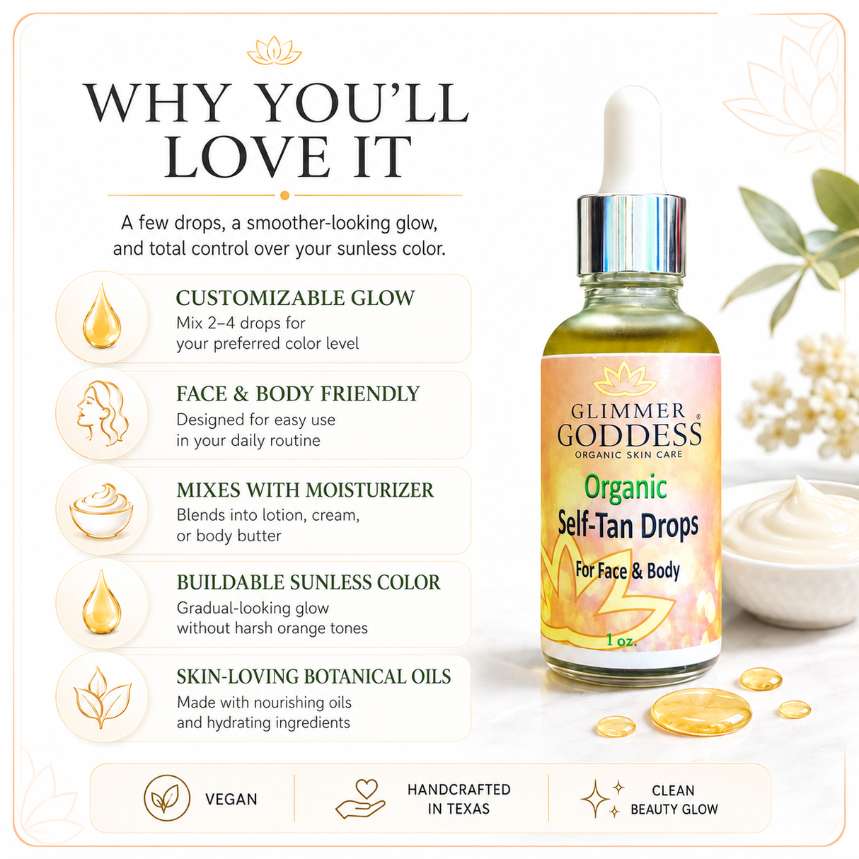 Organic Self Tan Drops for Face & Body 1 oz.