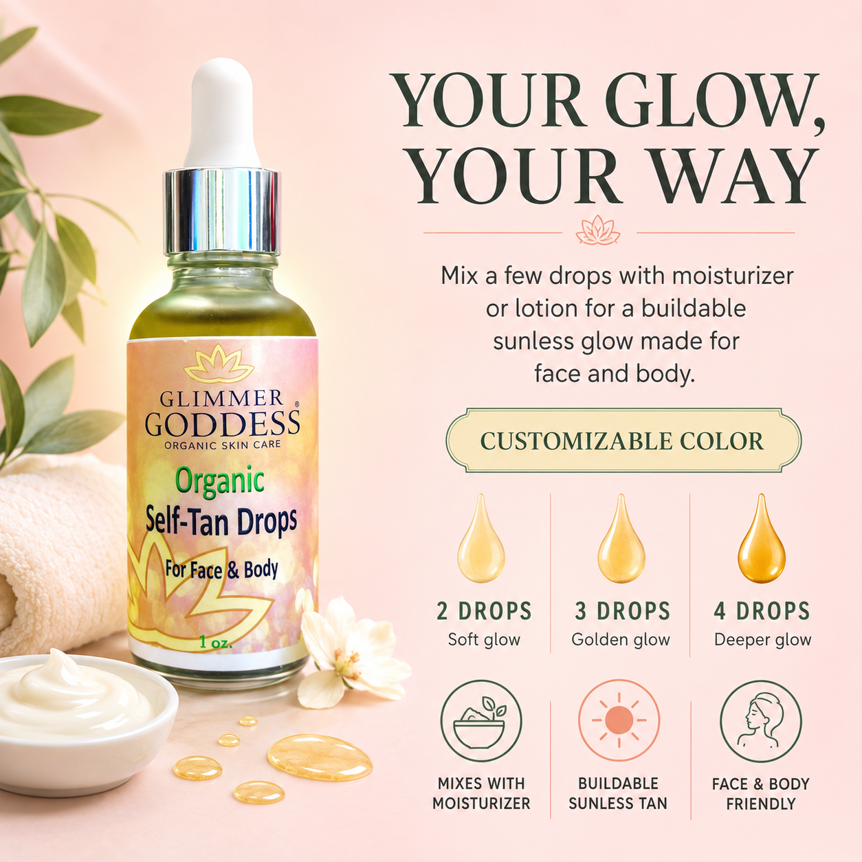 Organic Self Tan Drops for Face & Body 1 oz.