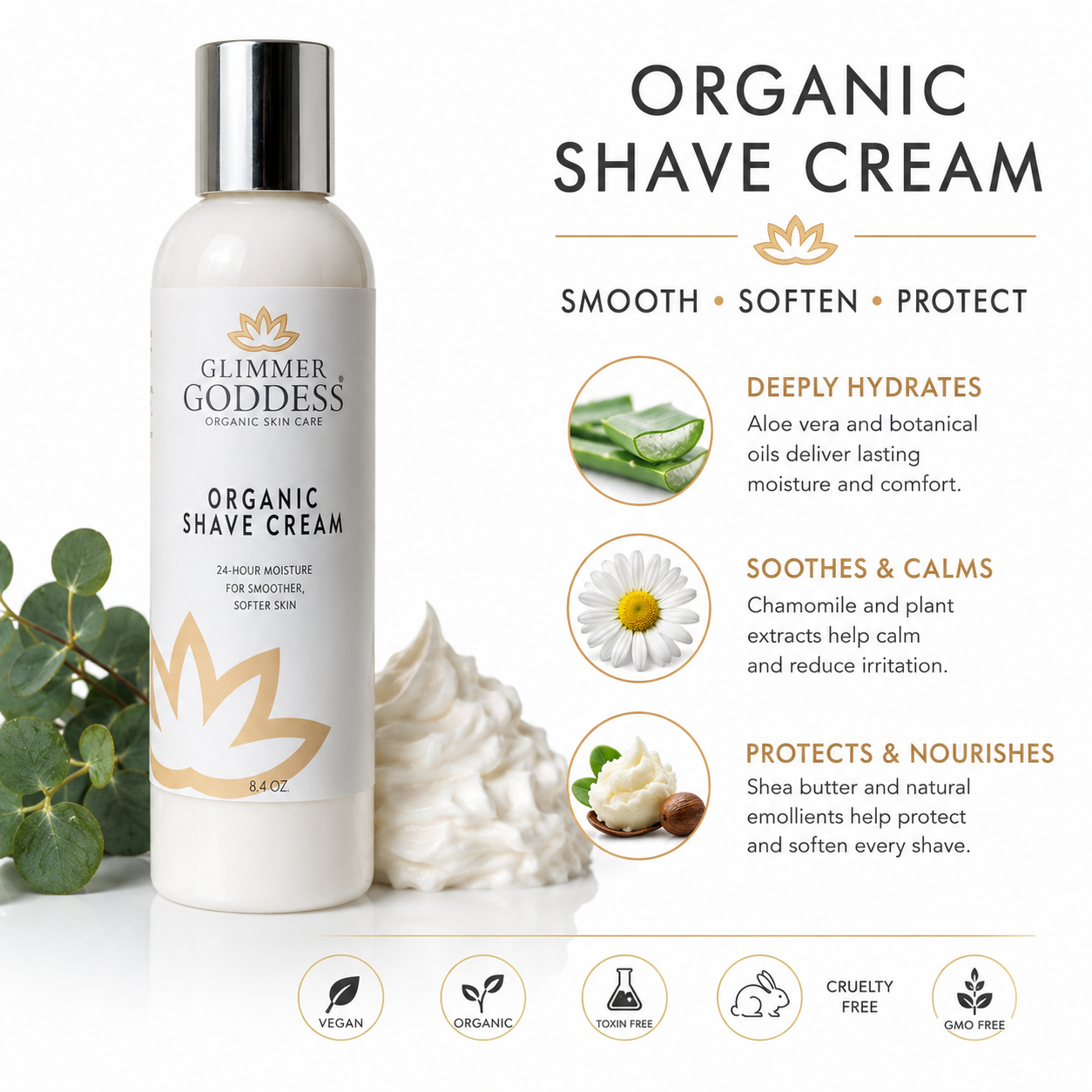 Glimmer Goddess’ Best Organic Shave Cream with Aloe, Coconut Oil, & Shea Butter