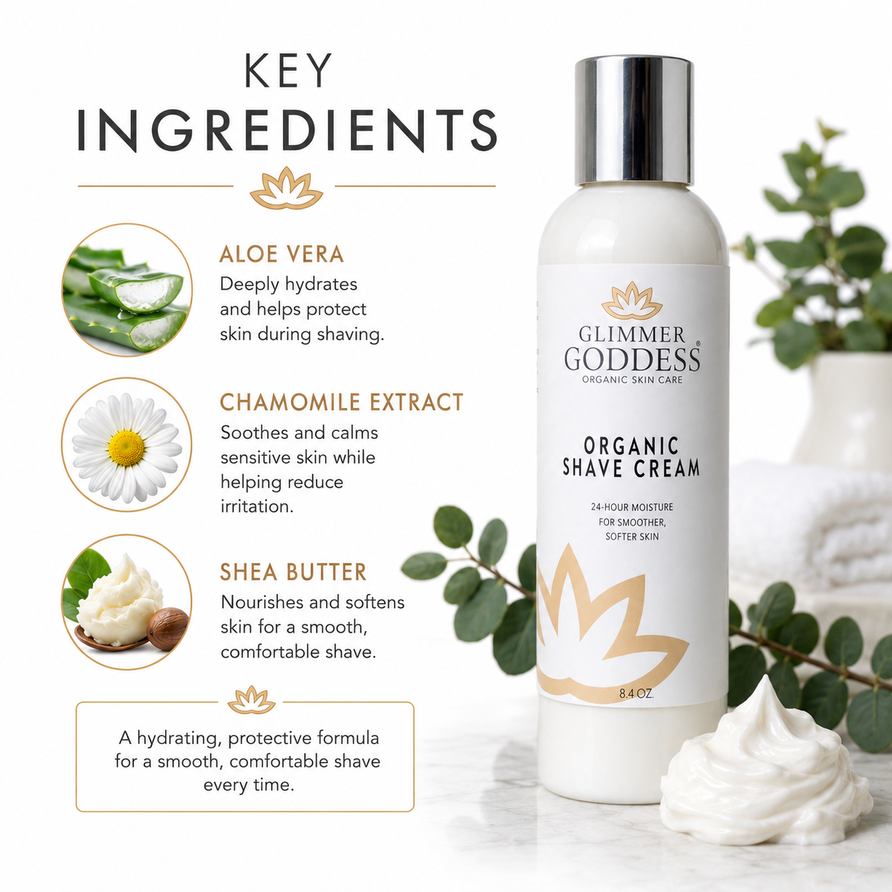 Glimmer Goddess’ Best Organic Shave Cream with Aloe, Coconut Oil, & Shea Butter