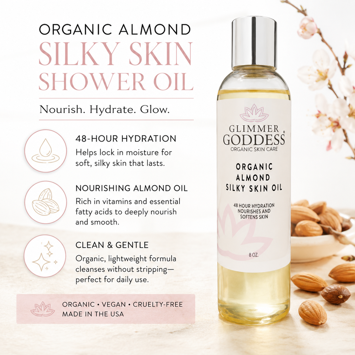 Organic Sweet Almond Silky Skin Oil - 48 Hour Hydration