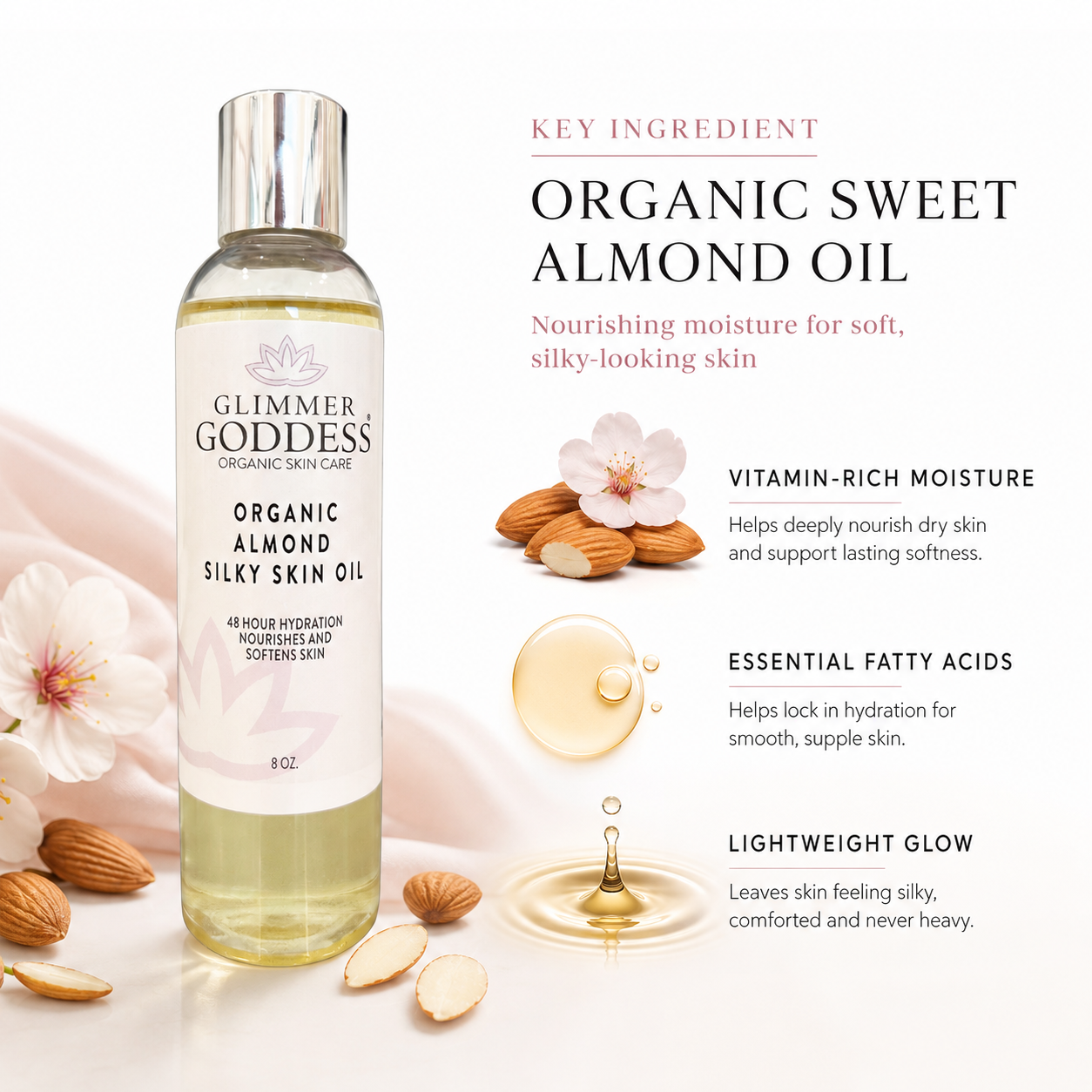 Organic Sweet Almond Silky Skin Oil - 48 Hour Hydration