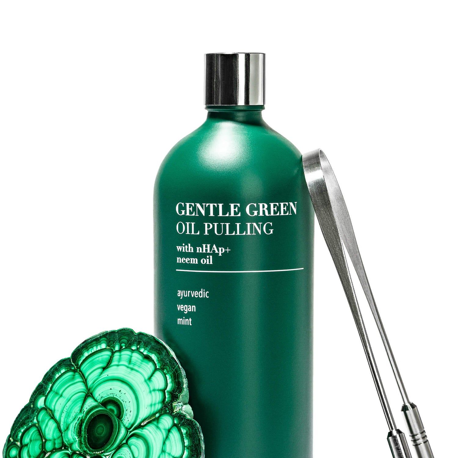 Gentle Green™ Oral Detox Bundle – Stainless Steel Tongue Scraper & Ayurvedic Oil Pulling (Fluoride-Free, Enamel Support)