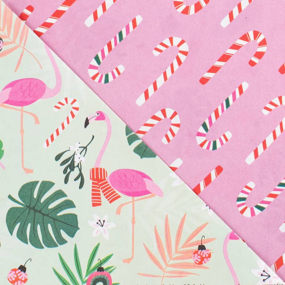 Feliz Flamingos/Candy Cane • Double-Sided Eco Wrapping Paper (Holiday Edition)