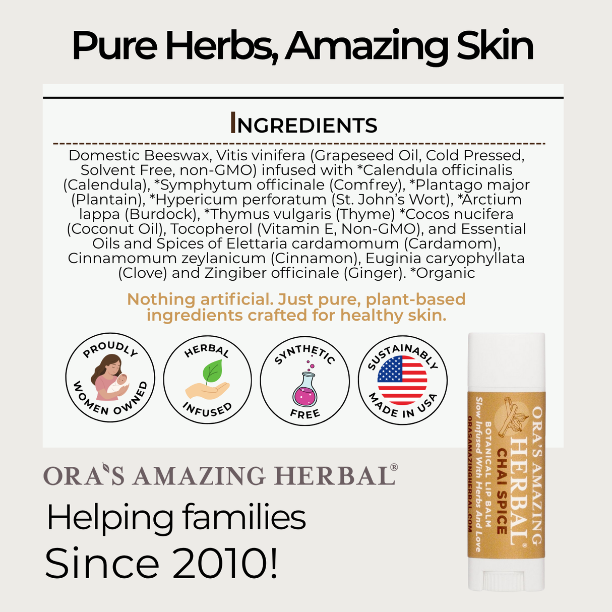 Natural Lip Balm, Herbal Infused, Chai Spice