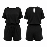 Sandy Short Sleeve Drawstring Romper - Black