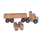 Wooden Barrel Truck Toy With Removable Wood Barrels, Child-Safe Harvest Stain Finish