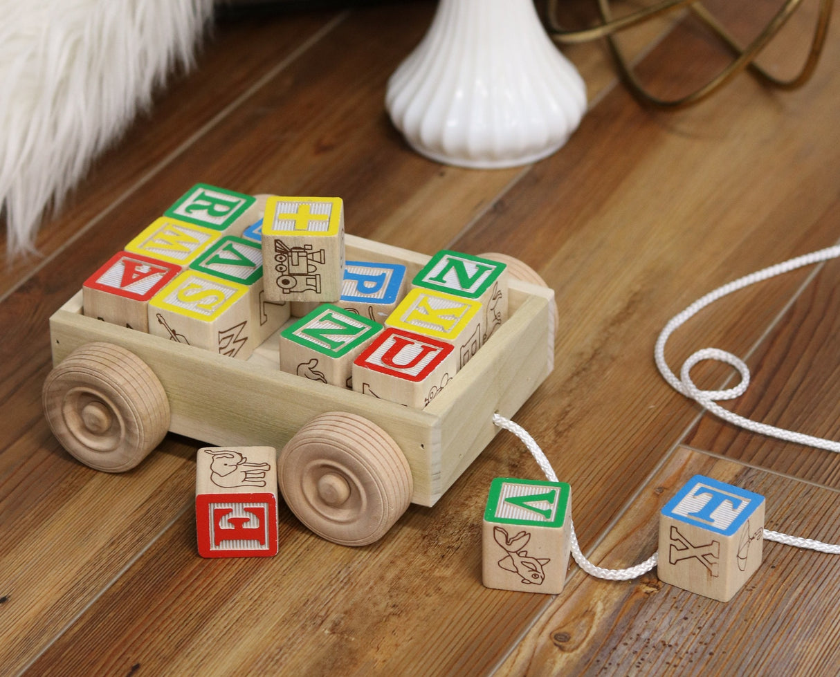 Amish-Made Wooden ABC Block Toddler Pull-String Wagon Toy