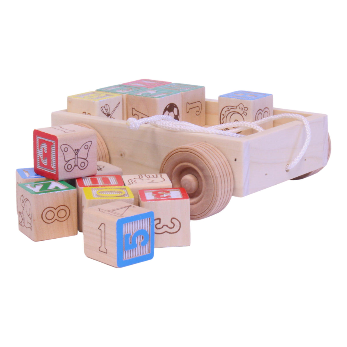 Amish-Made Wooden ABC Block Toddler Pull-String Wagon Toy