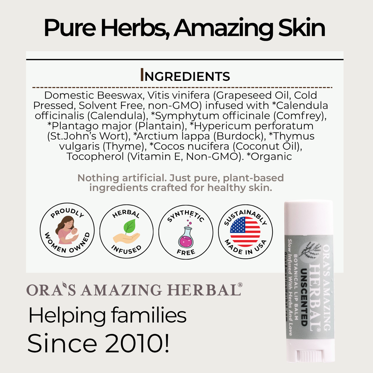 Natural Unscented Lip Balm, Fragrance Free Lip Balm